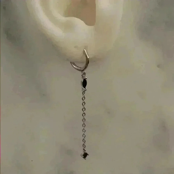 Silver Long Dangle Tassel Huggie Hoop Earrings - Picture 2 of 4